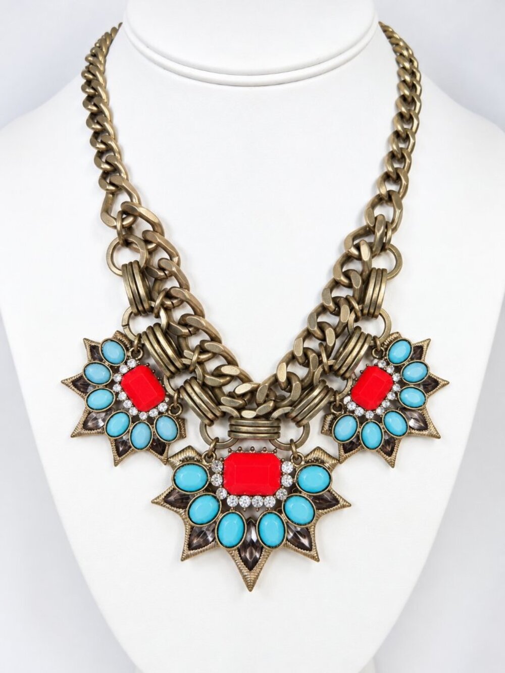 Lucky Brand Antique Gold Chunky Bib Necklace Southwestern Glam Turquoise Coral